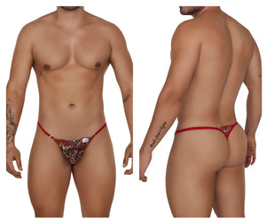 CandyMan 99685 lace thong in red with a patterned sequined center and thin straps visible from the front