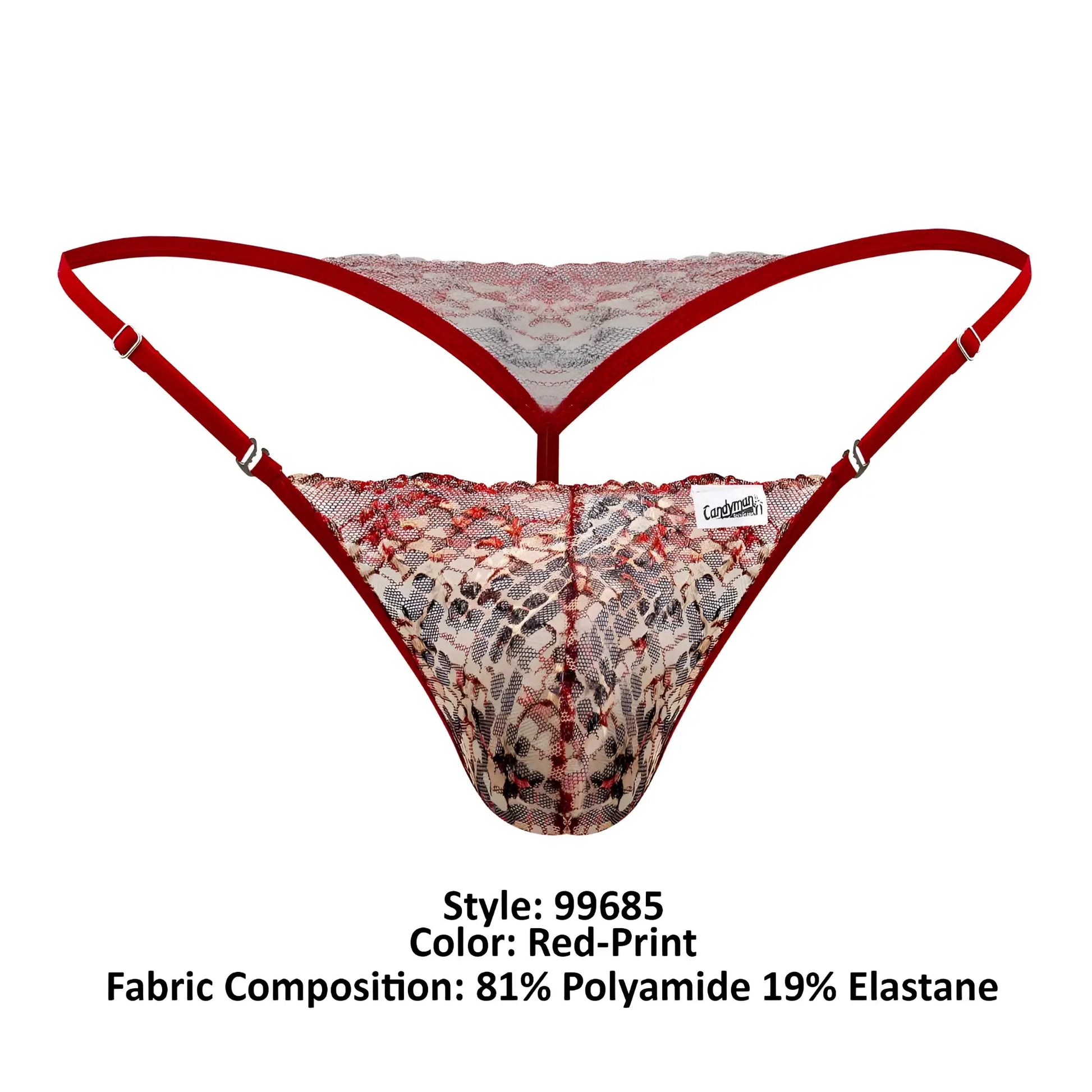 CandyMan 99685 lace thong in red-print with sheer patterned fabric and thin red straps