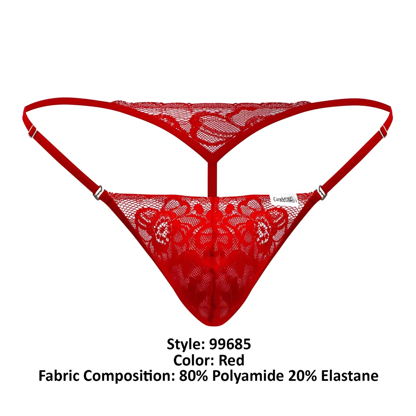 CandyMan 99685 red lace thong with floral pattern and adjustable straps showing front side design