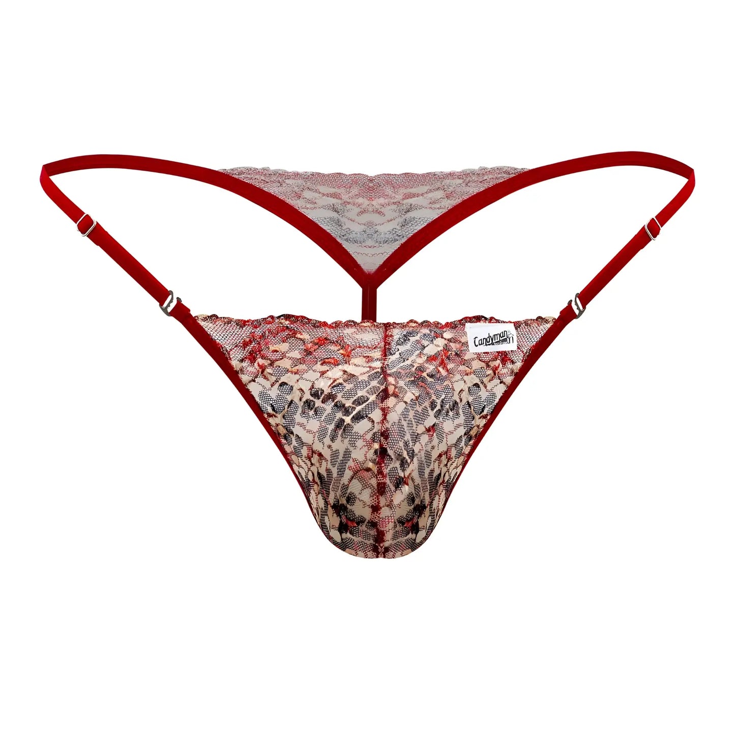 Red lace thong with snakeskin pattern and adjustable straps from candyman 99685 collection in red color