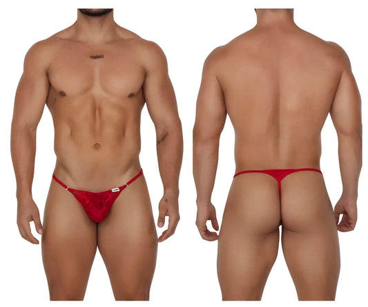 Red lace thong from candyman 99685 featuring delicate lace fabric and a small white brand tag on the side
