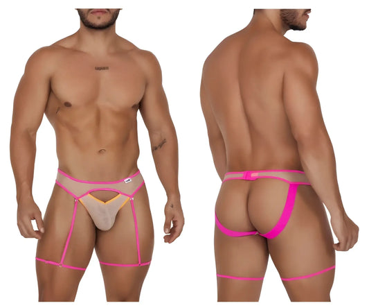 Bright pink and nude candyMan 99687 garter jock briefs with sheer mesh panels and adjustable straps in beige-neon