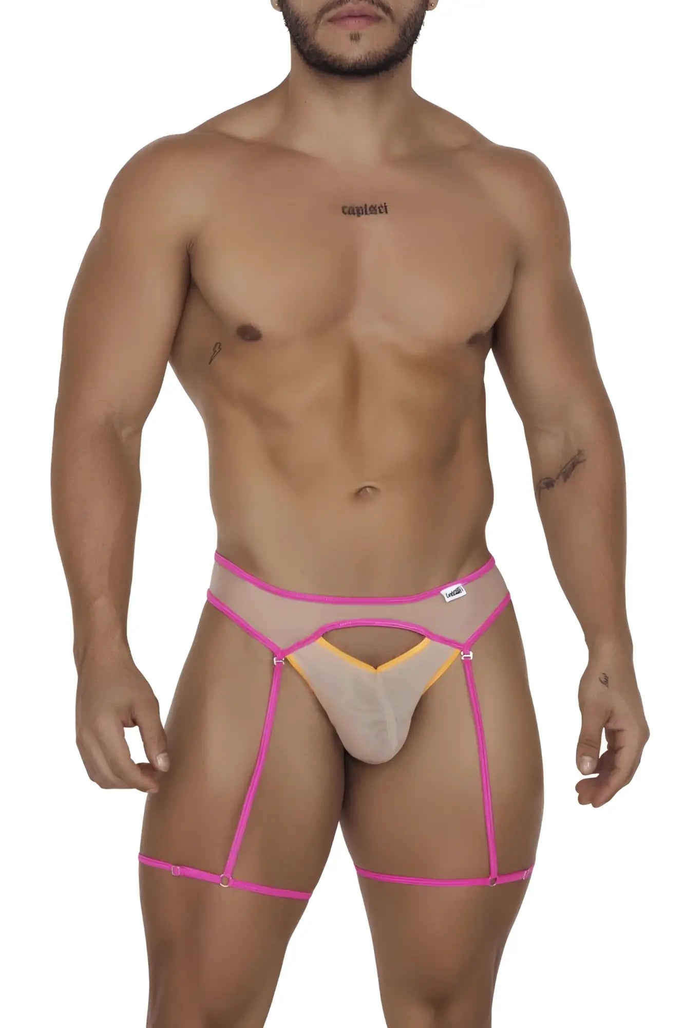Fuschia and yellow mesh harness style briefs from candyman 99687 garter jock two piece set beige neon color