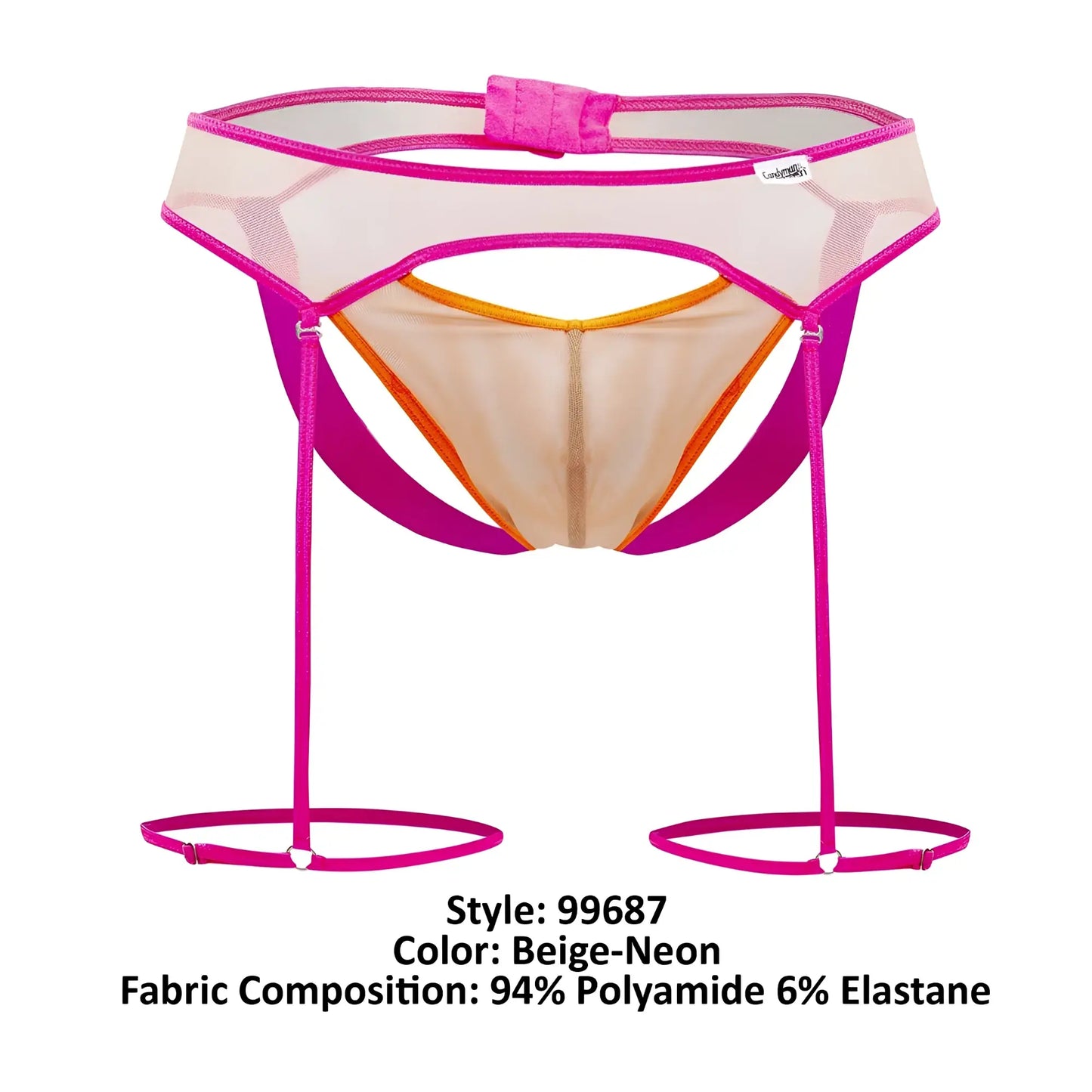Beige and neon pink mesh garter belt with orange trim from candyman 99687 garter jock two piece set