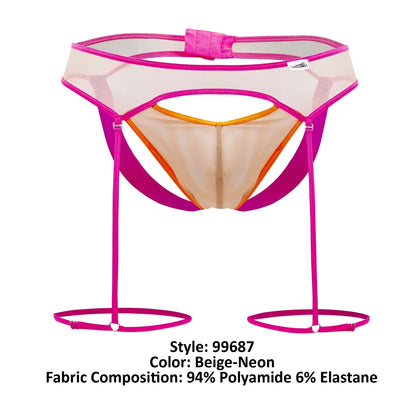 Beige and neon pink mesh garter belt with orange trim from candyman 99687 garter jock two piece set