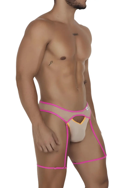 Pink and beige mesh briefs with cutout design from candyman 99687 garter jock two piece set color beige-neon