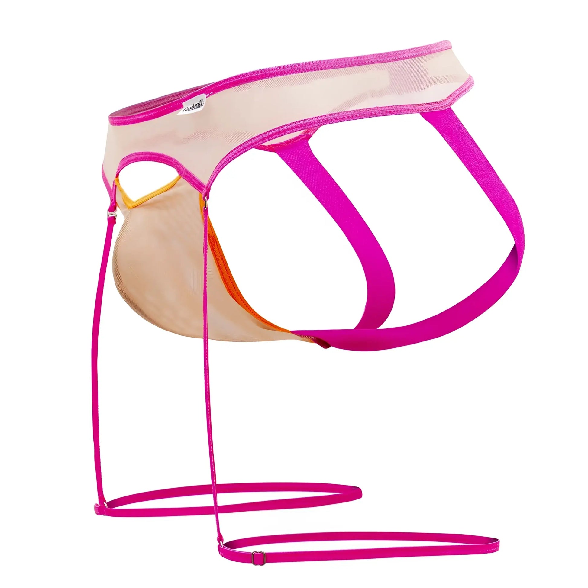 A vibrant fuchsia mesh brief with sheer beige panel and matching elastic waistband from Candyman garter jock set
