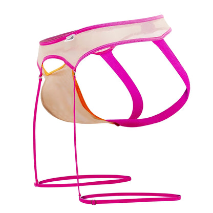 A vibrant fuchsia mesh brief with sheer beige panel and matching elastic waistband from Candyman garter jock set