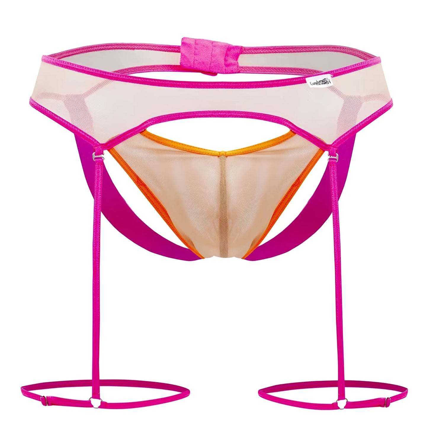 A vibrant pink and orange mesh garter belt with adjustable straps from the CandyMan 99687 beige-neon two piece set