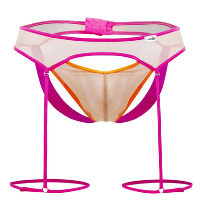 A vibrant pink and orange mesh garter belt with adjustable straps from the CandyMan 99687 beige-neon two piece set
