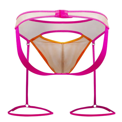 CandyMan 99687 garter jock two piece set in beige and neon featuring vibrant pink and orange mesh lingerie with adjustable straps