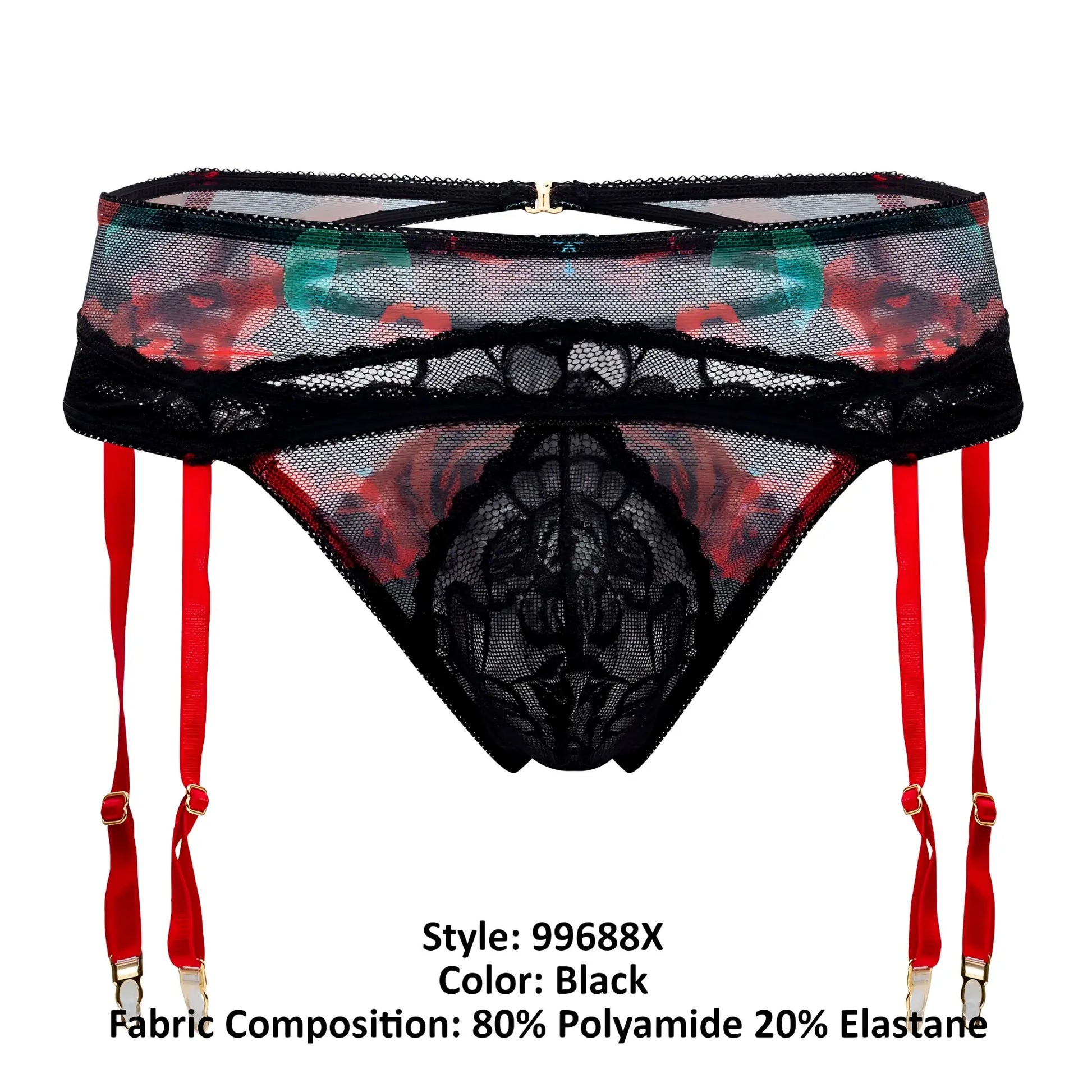 Black lace garter belt with red suspenders and floral mesh pattern in candyman 99688x garter thongs two piece set black