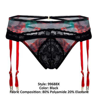 Black lace garter belt with red suspenders and floral mesh pattern in candyman 99688x garter thongs two piece set black