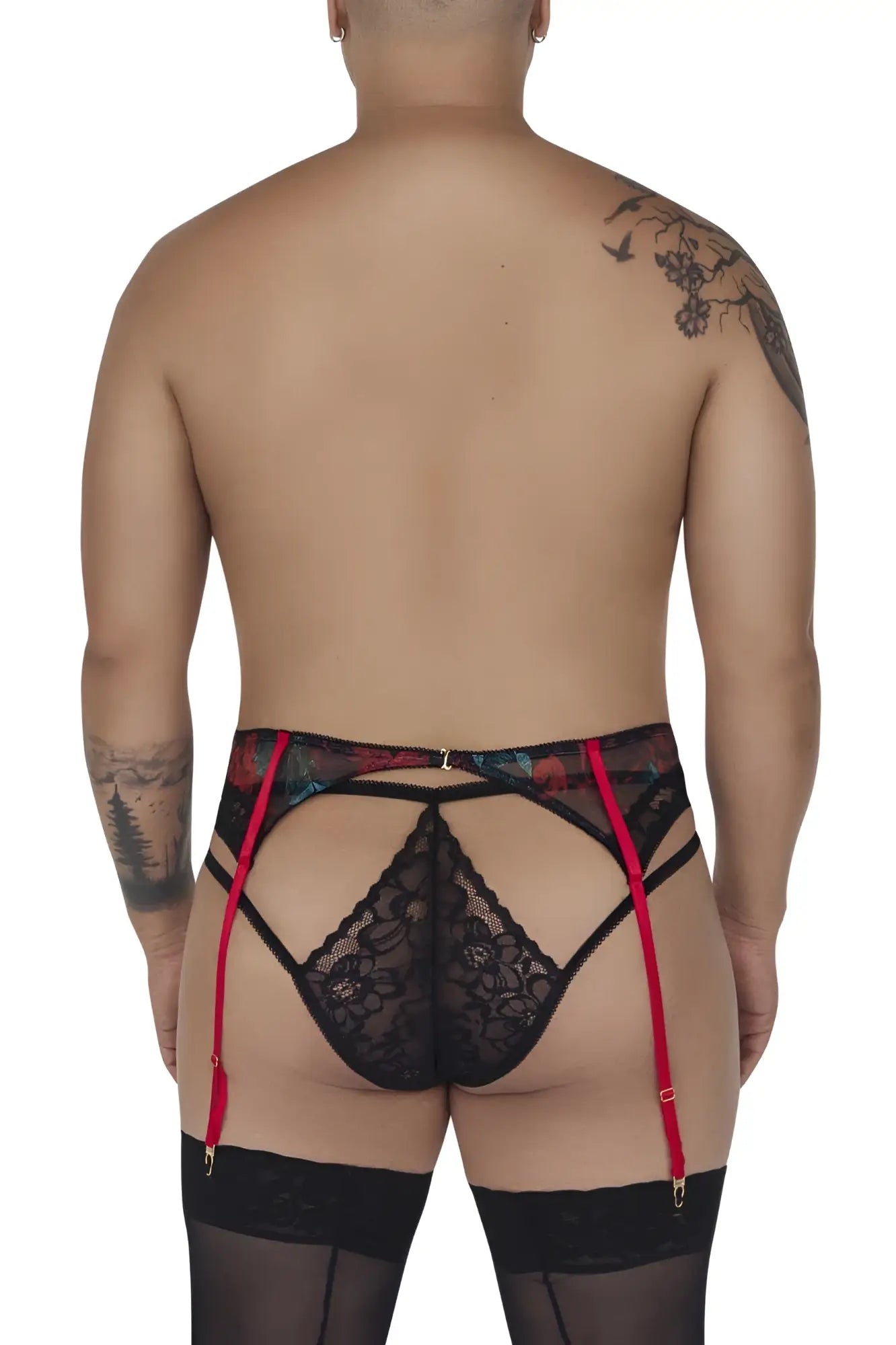 Black lace garter belt with red suspenders and floral trim from candyman 99688x garter thongs two piece set