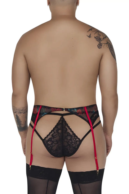 Black lace garter belt with red suspenders and floral trim from candyman 99688x garter thongs two piece set