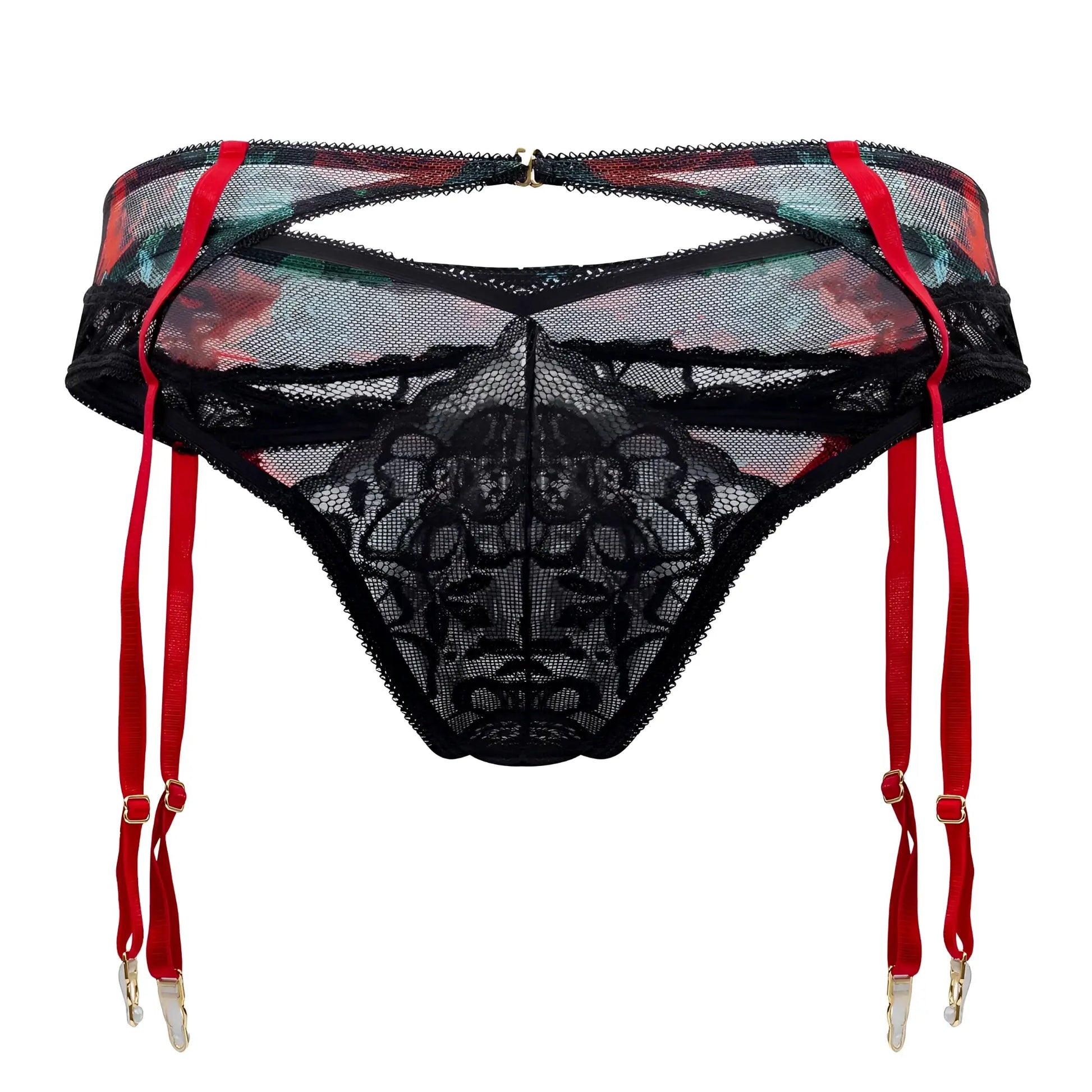 Black lace garter belt with red straps and floral mesh panels from candyman 99688x two piece set black