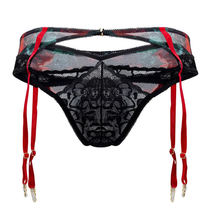 Black lace garter belt with red straps and floral mesh panels from candyman 99688x two piece set black