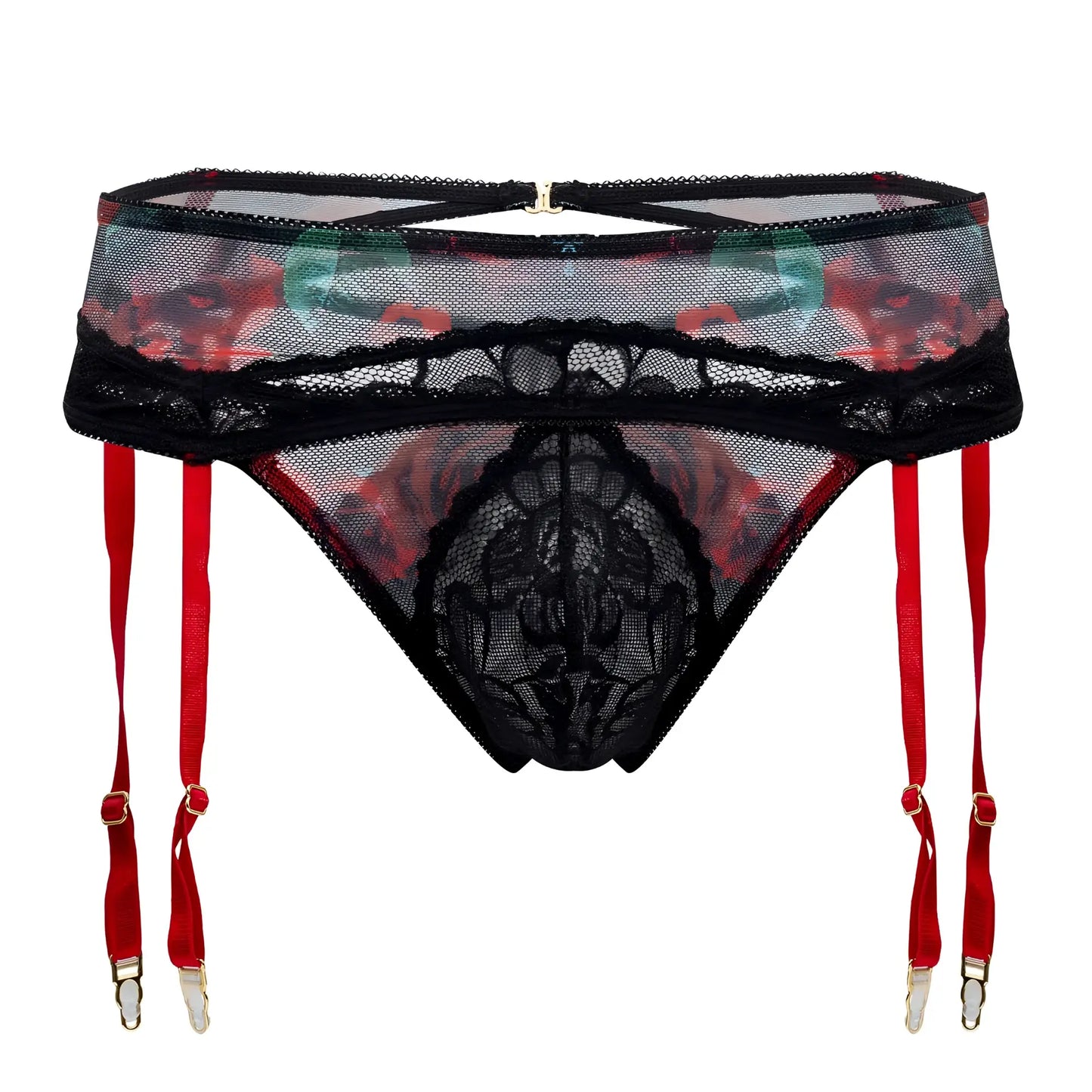 Black lace candyMan 99688X garter belt with red suspenders and floral mesh detailing in two piece set color black