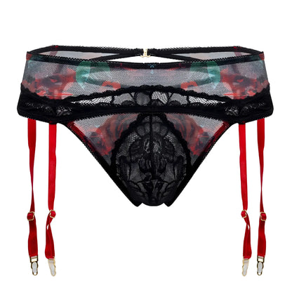 Black lace candyMan 99688X garter belt with red suspenders and floral mesh detailing in two piece set color black