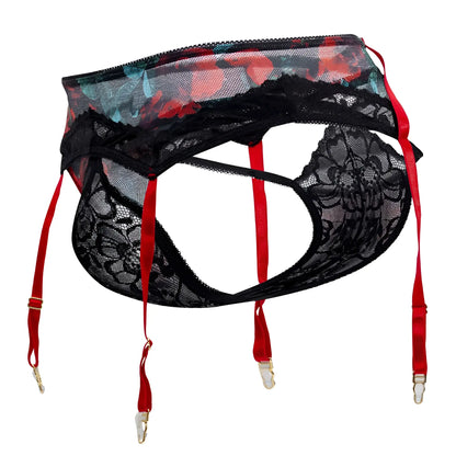Black lace CandyMan 99688X garter thong set with red suspenders and floral mesh panel in black color