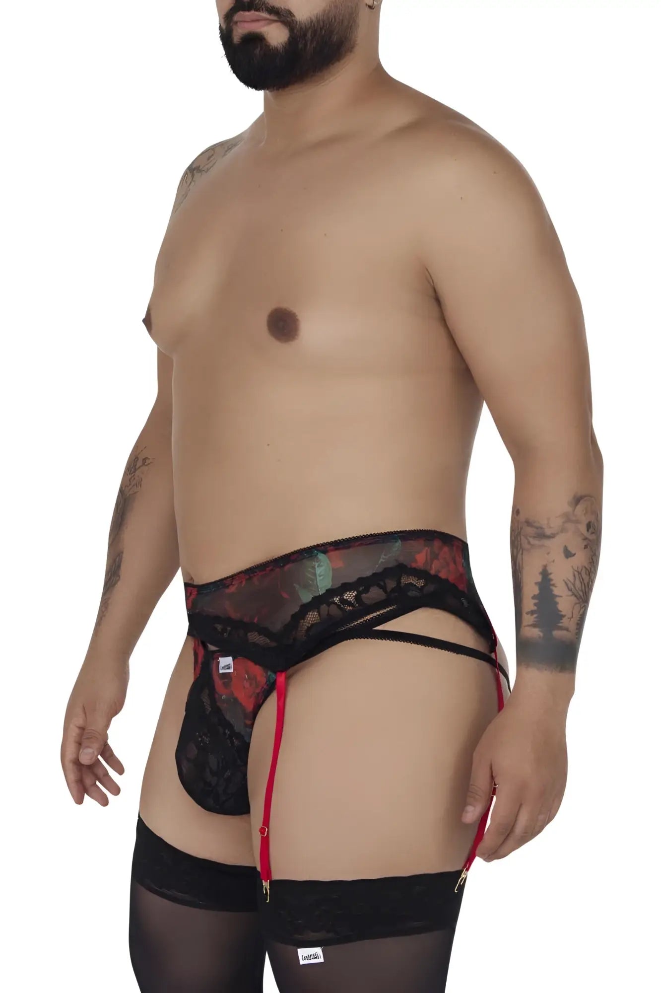 Black lace men’s garter belt with red suspenders and floral pattern from the Candyman 99688X two piece set