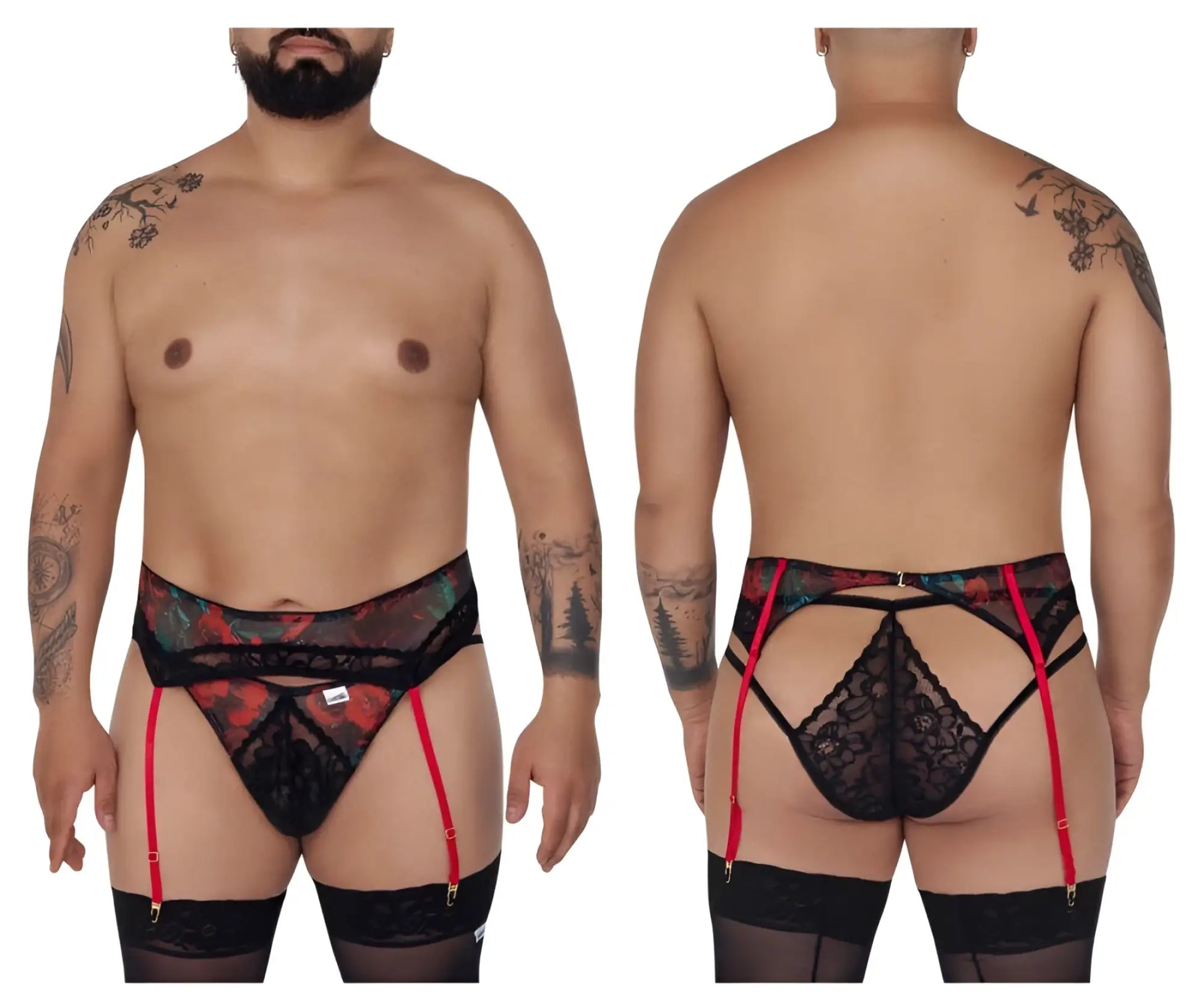 Black lace men’s briefs with floral pattern and red suspenders in candyman 99688x garter thongs two piece set