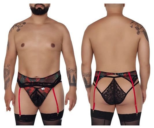 Black lace men’s briefs with floral pattern and red suspenders in candyman 99688x garter thongs two piece set