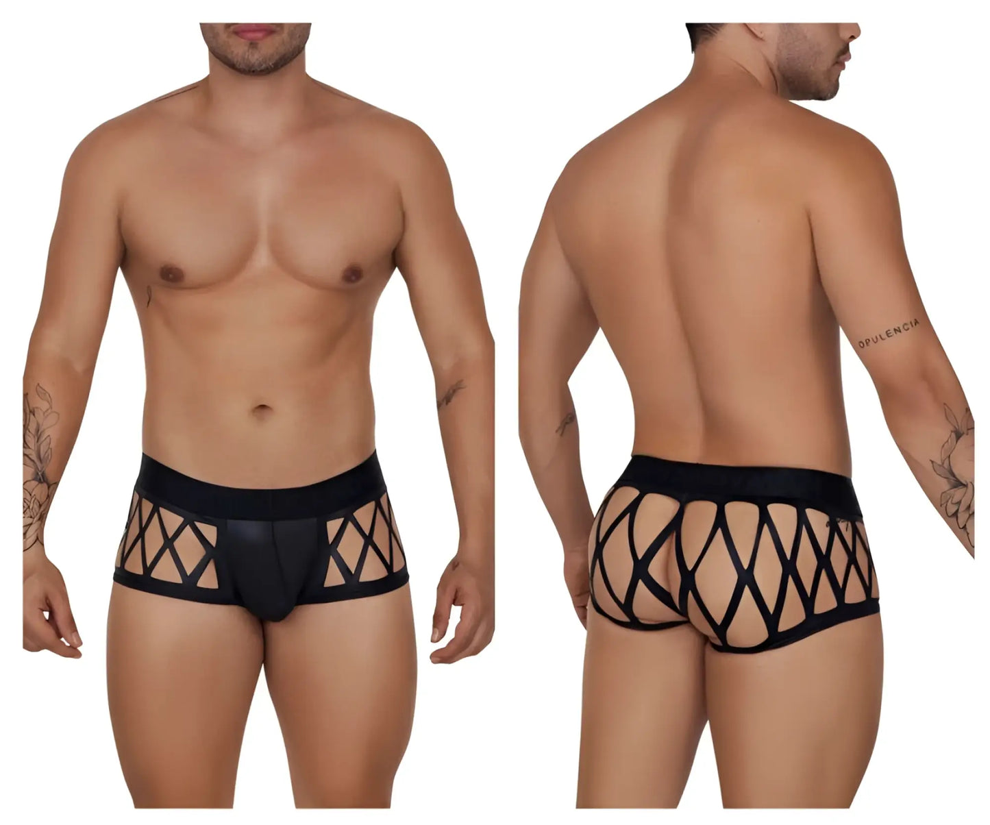 CandyMan 99691 cage trunks black men’s briefs with black lace trim and diamond-patterned mesh design