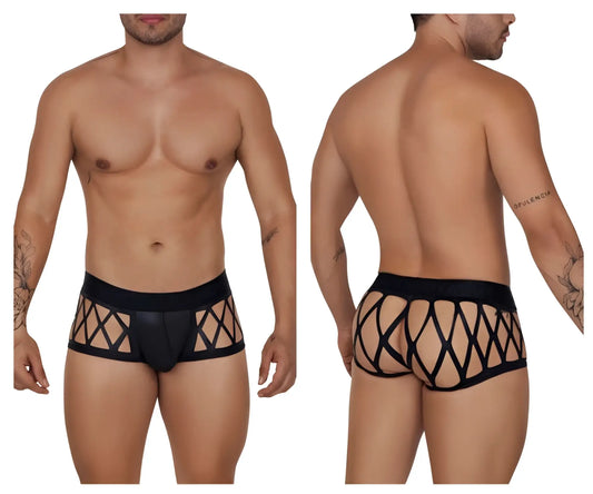 CandyMan 99691 cage trunks black men’s briefs with black lace trim and diamond-patterned mesh design