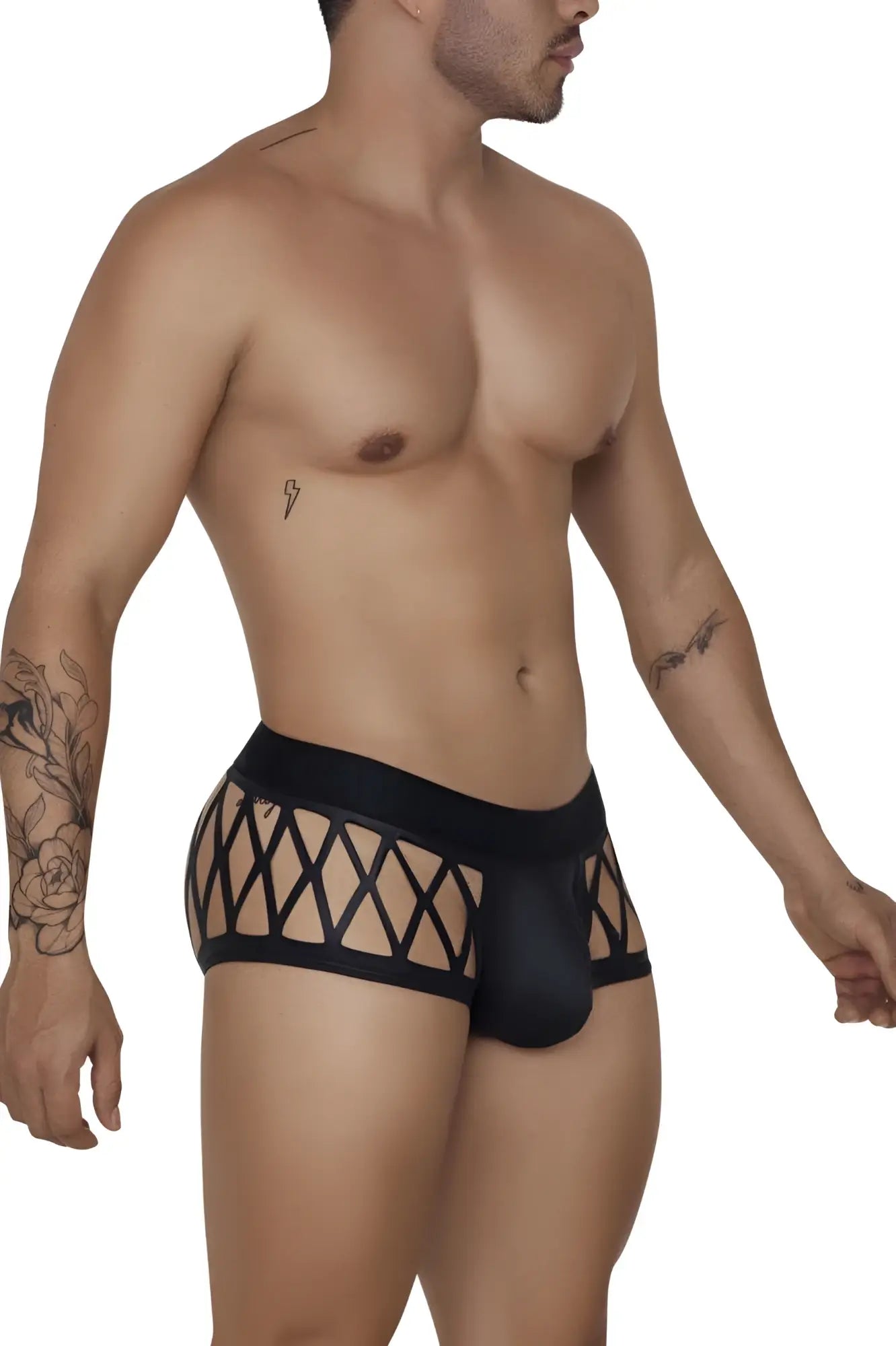 CandyMan 99691 cage trunks in black feature sleek, form-fitting men’s briefs with black lace trim for a stylish look