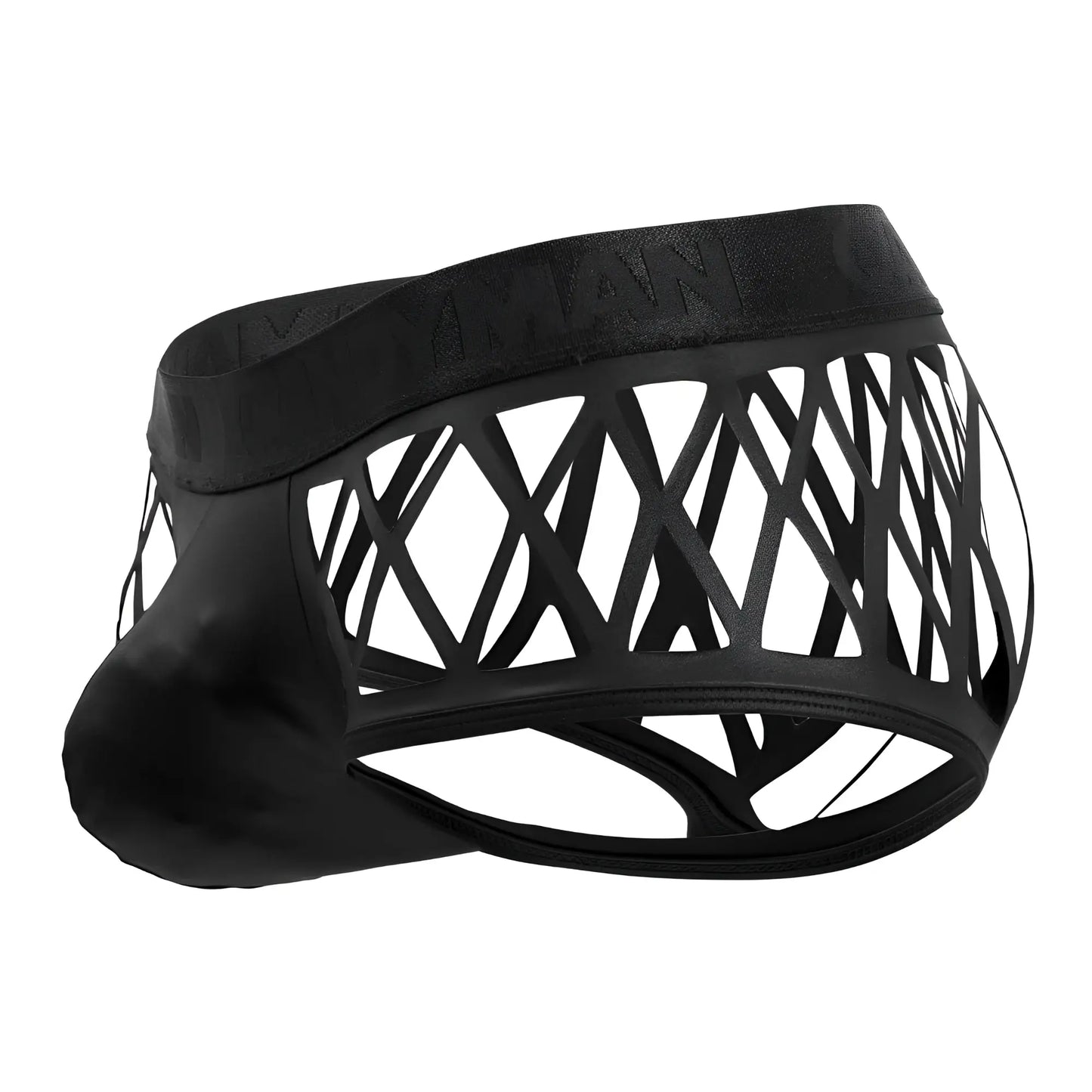 Black leather-trimmed mens briefs with geometric lattice design candyMan 99691 cage trunks in black