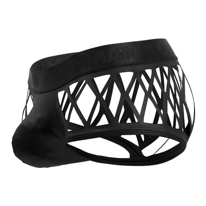 Black leather-trimmed mens briefs with geometric lattice design candyMan 99691 cage trunks in black
