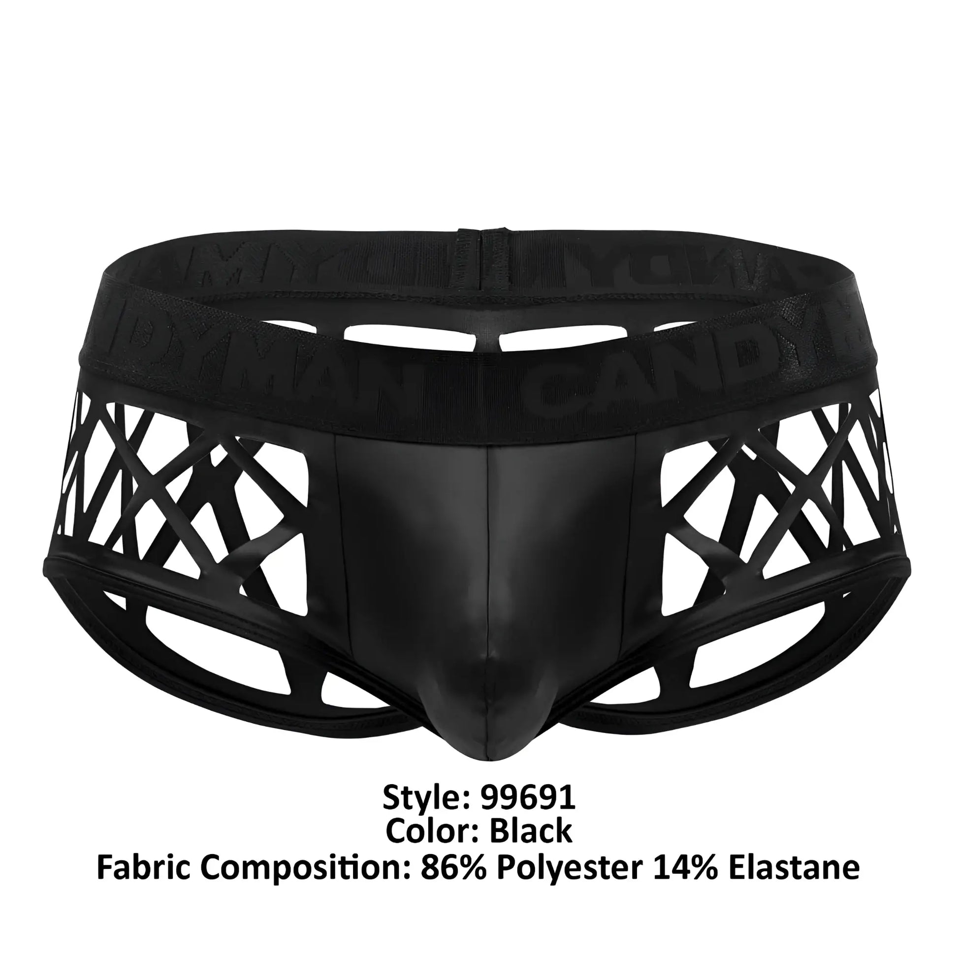 Black candyman 99691 cage trunks with glossy finish and geometric cutout design for men’s briefs