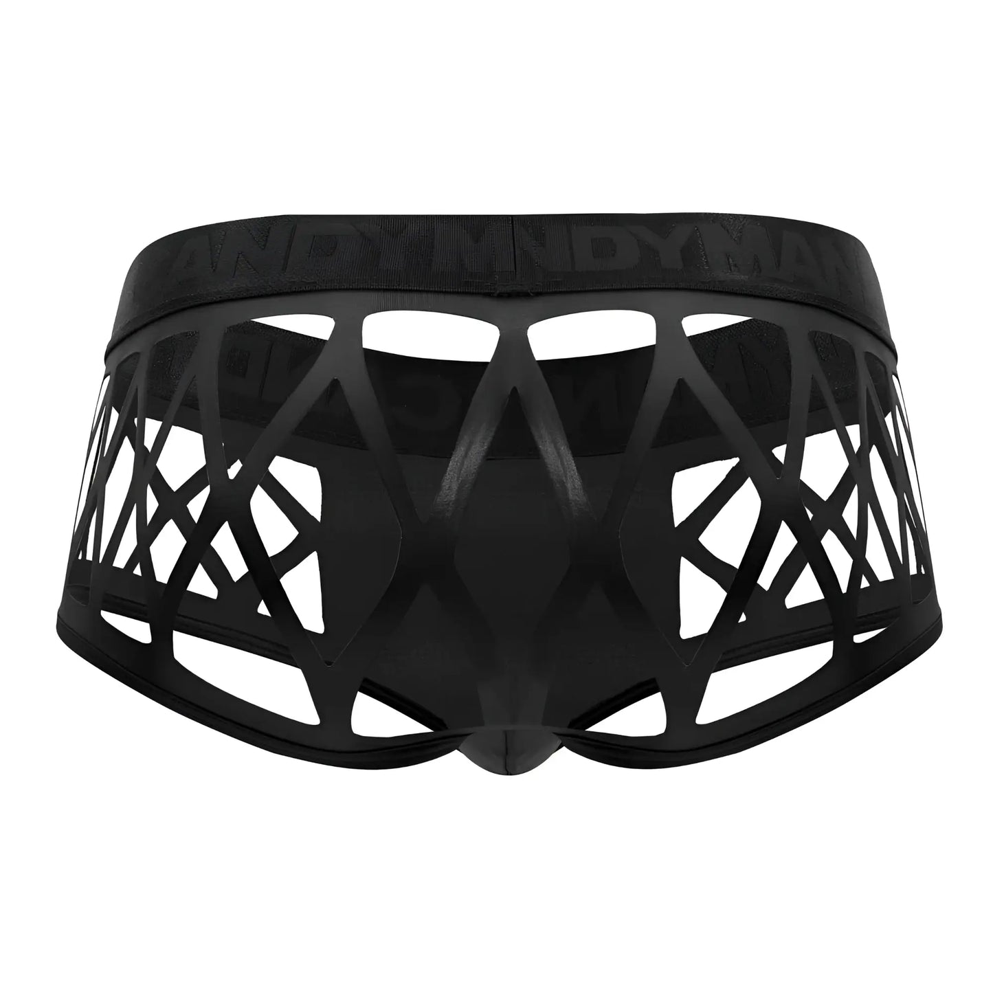 Black men’s CandyMan 99691 Cage trunks with geometric lattice design and dynam embossed waistband in black