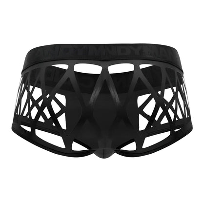 Black men’s CandyMan 99691 Cage trunks with geometric lattice design and dynam embossed waistband in black