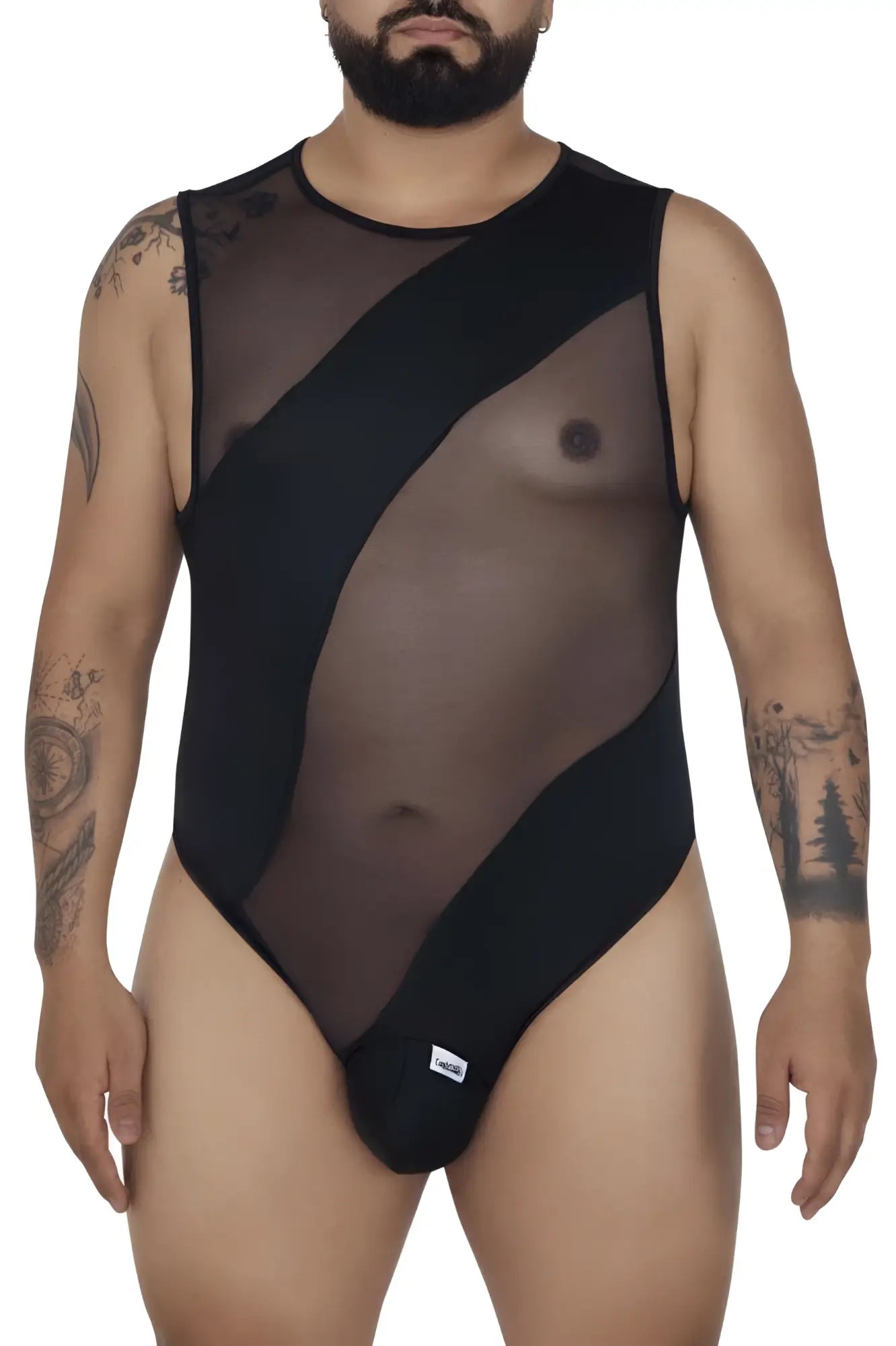 Candyman 99699x mesh bodysuit in black featuring sheer mesh with opaque panels and a round neckline