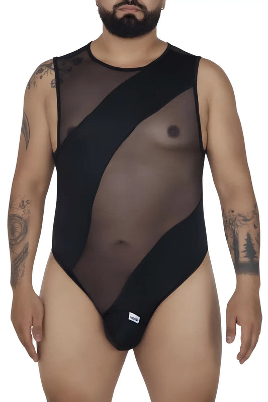 Candyman 99699x mesh bodysuit in black featuring sheer mesh with opaque panels and a round neckline