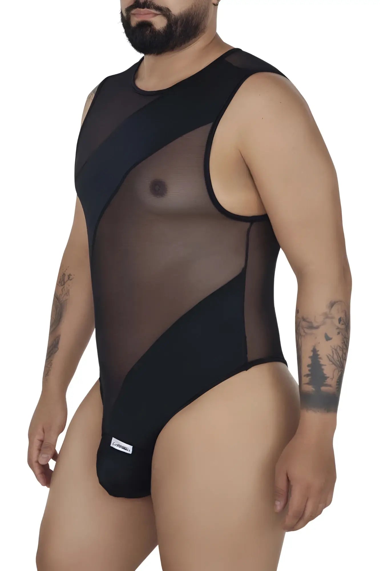 Black CandyMan 99699X mesh bodysuit with sheer panels opaque black sections and a round neckline
