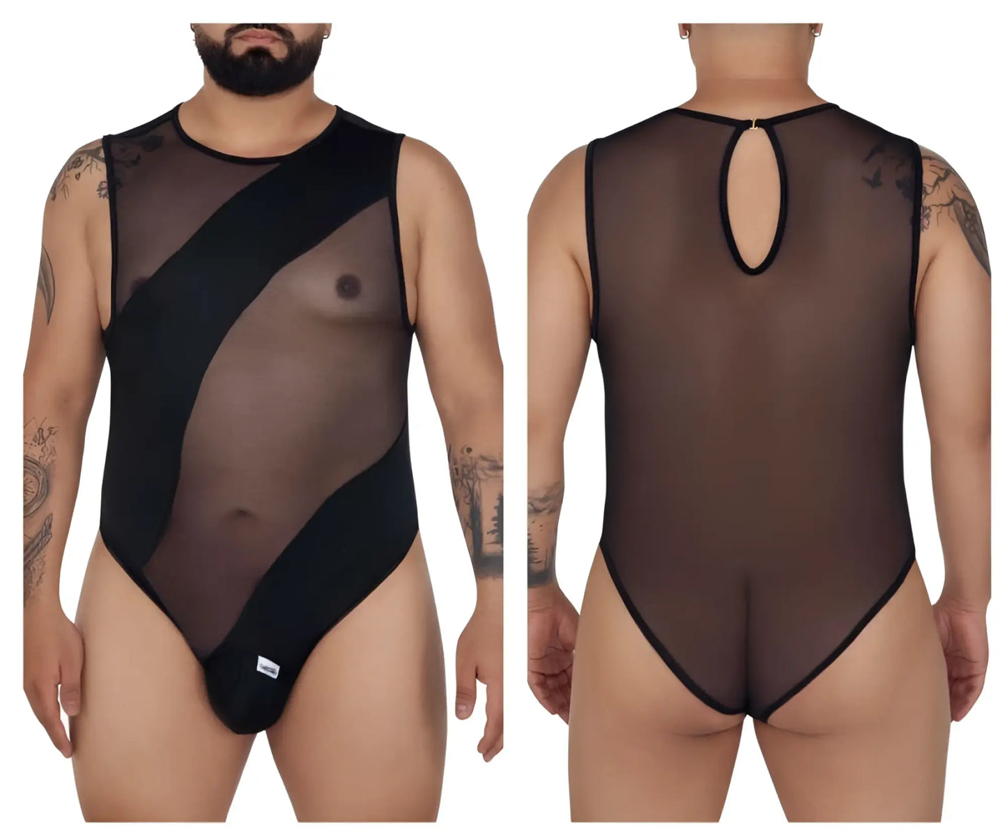 CandyMan 99699X black sheer mesh bodysuit with opaque panels and keyhole back detail shown from the back side