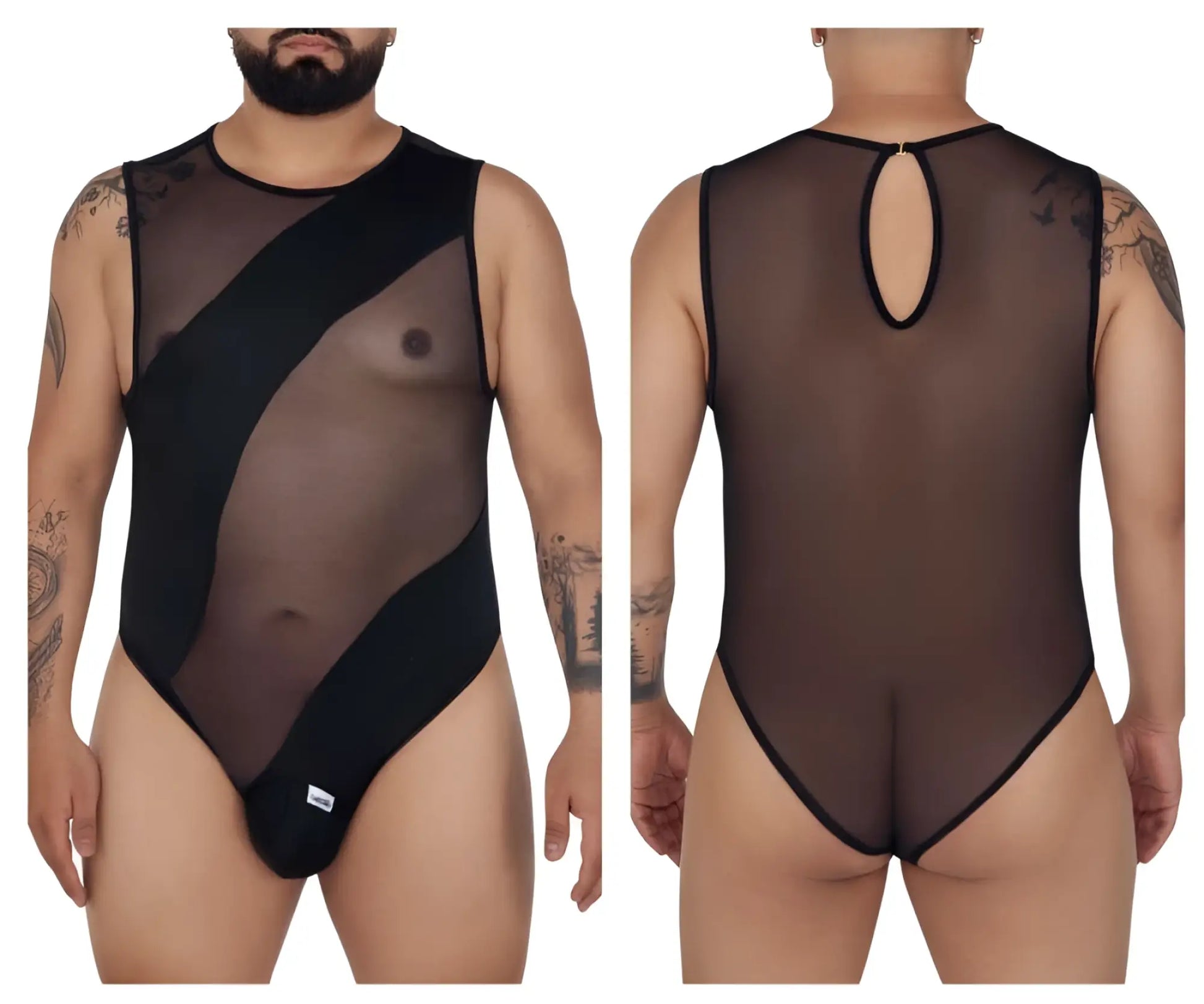 CandyMan 99699X black sheer mesh bodysuit with opaque panels and keyhole back detail shown from the back side