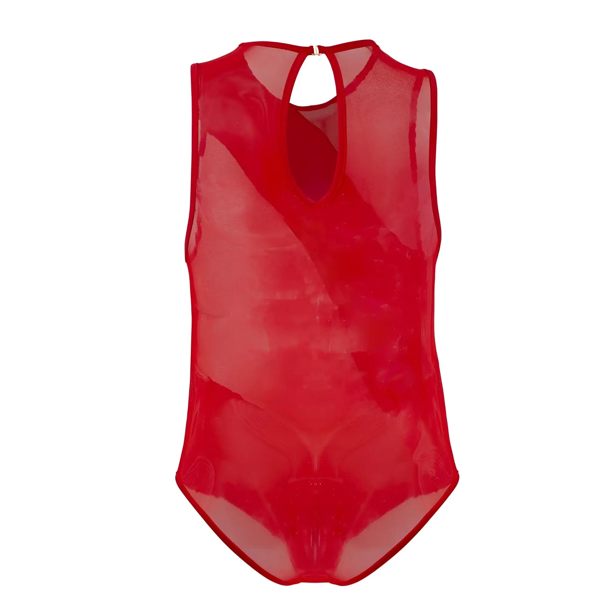 CandyMan 99699X sheer red mesh one-piece bodysuit with keyhole neckline and back closure shown from the back