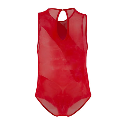 CandyMan 99699X sheer red mesh one-piece bodysuit with keyhole neckline and back closure shown from the back