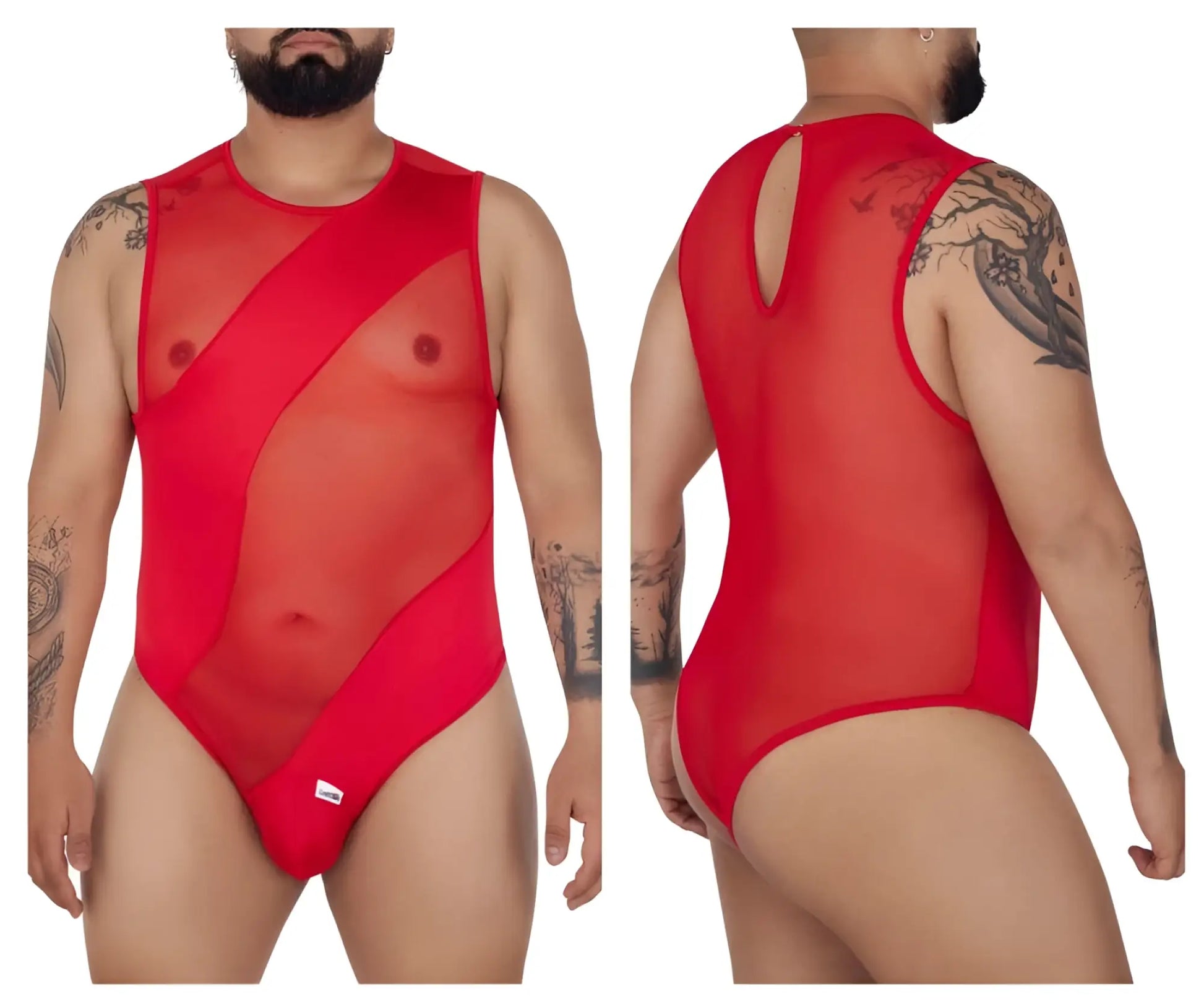 Red sheer mesh one-piece bodysuit candy man 99699x with bold geometric cutouts and back keyhole detail