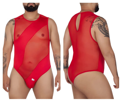 Red sheer mesh one-piece bodysuit candy man 99699x with bold geometric cutouts and back keyhole detail