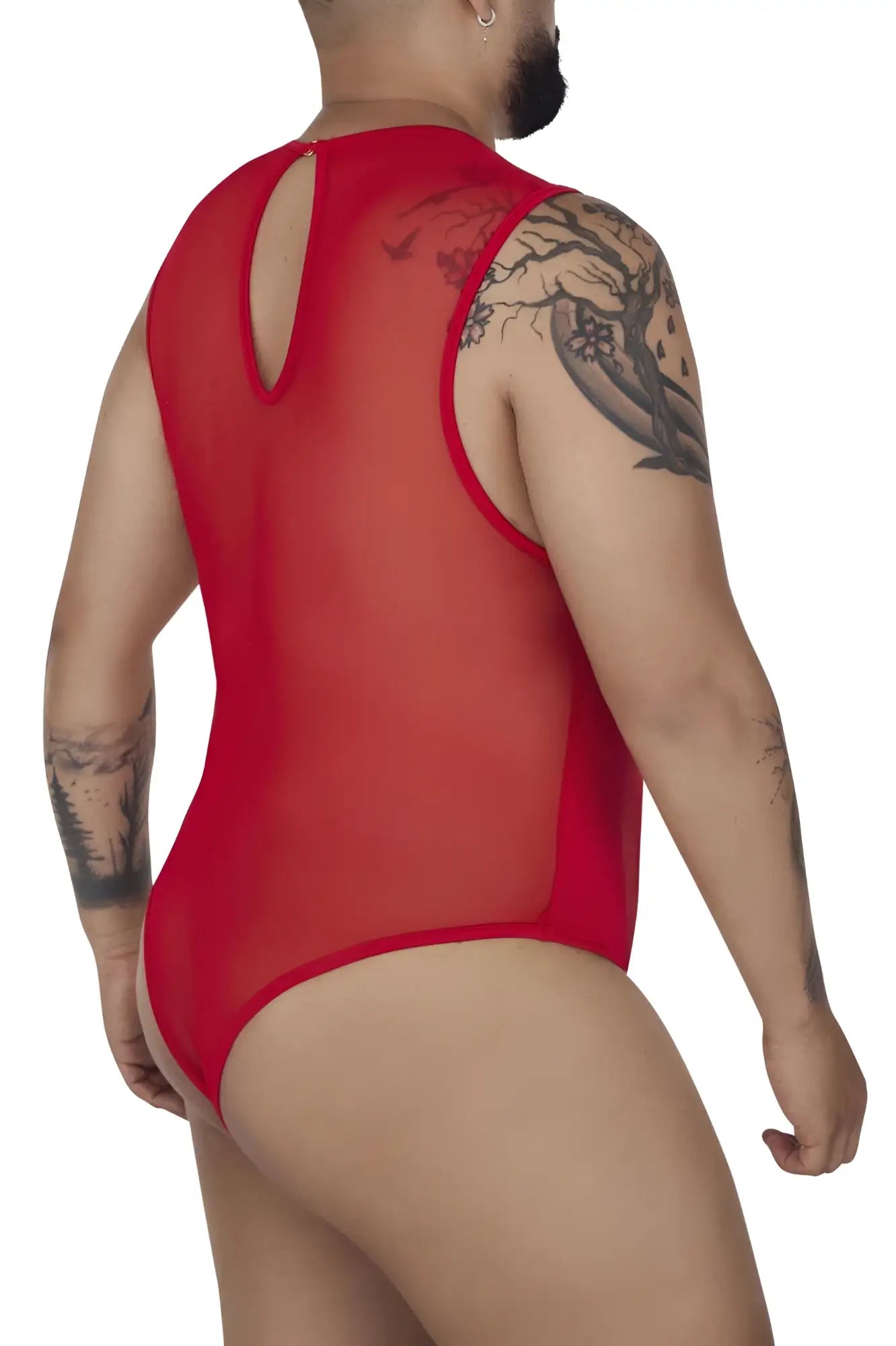 Red sheer mesh one-piece bodysuit by candyman with back cutout and sleeveless design in red color