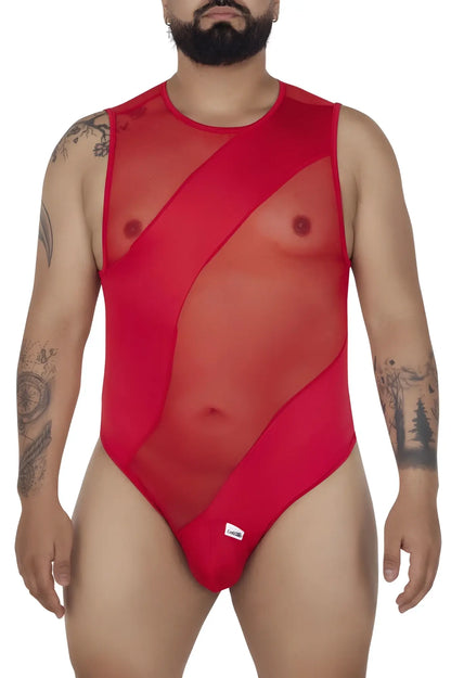 Red CandyMan 99699X sheer mesh one-piece swimsuit with bold diagonal panels and a fitted cut