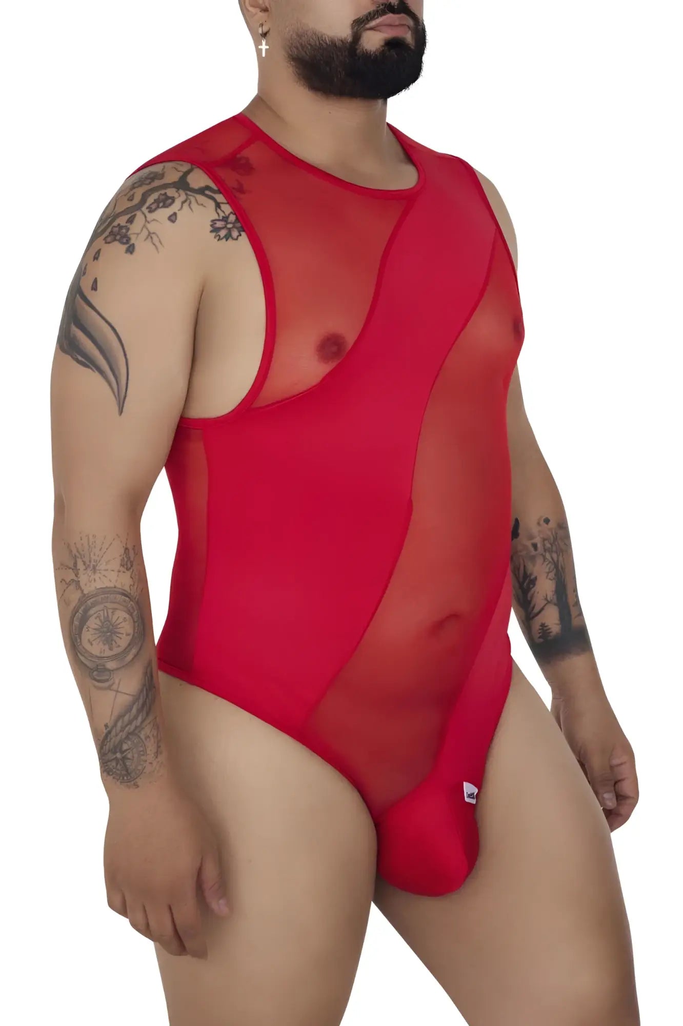 Red CandyMan 99699X sheer mesh one-piece swimsuit with solid panel and cutout design