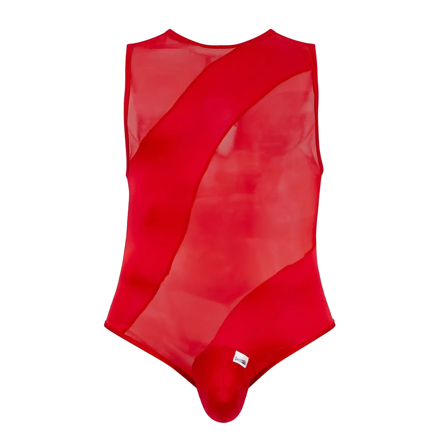 A vibrant red CandyMan 99699X mesh bodysuit with sheer overlay and bold diagonal panels in sleeveless design