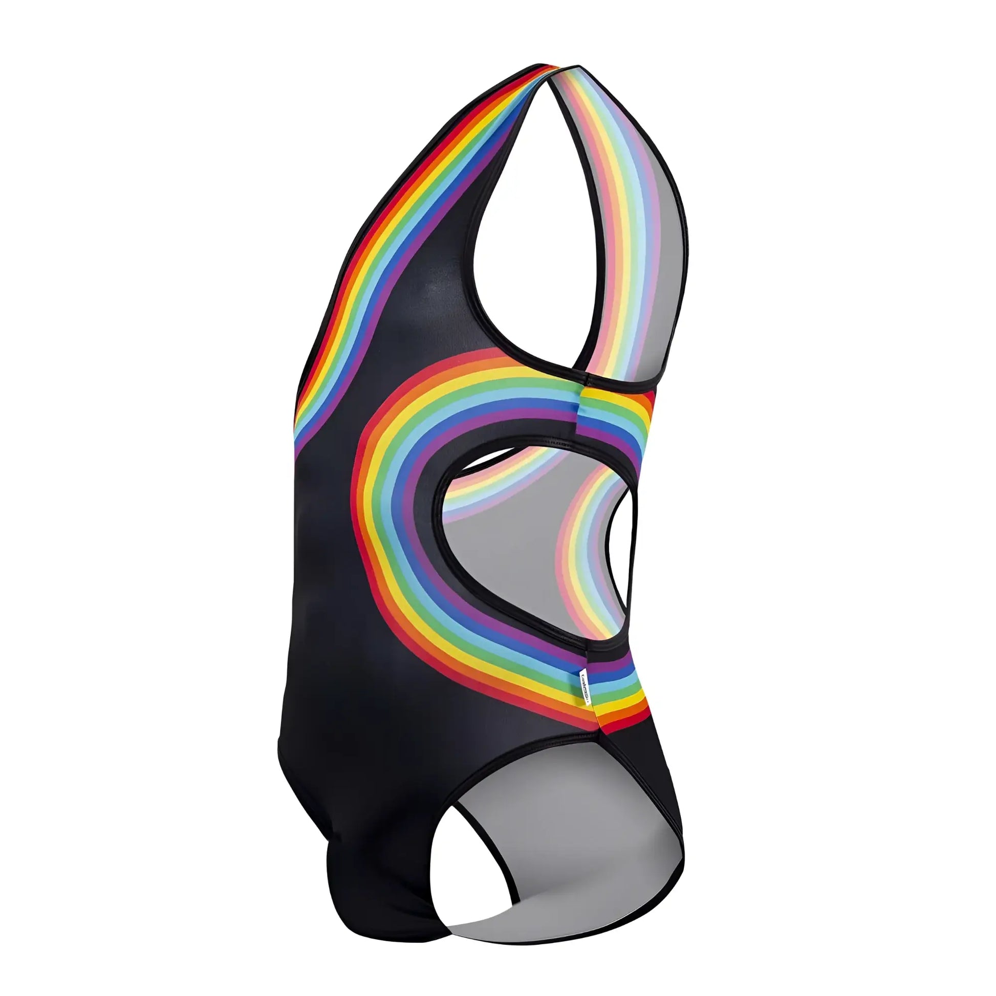 Black Candyman 99702X one-piece swimsuit with vibrant rainbow arc design and mesh panels front view