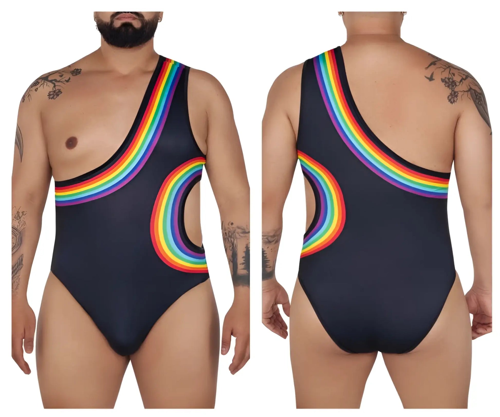 Black candyman 99702x one-piece swimsuit with vibrant rainbow arc and cutout details shown from the back side